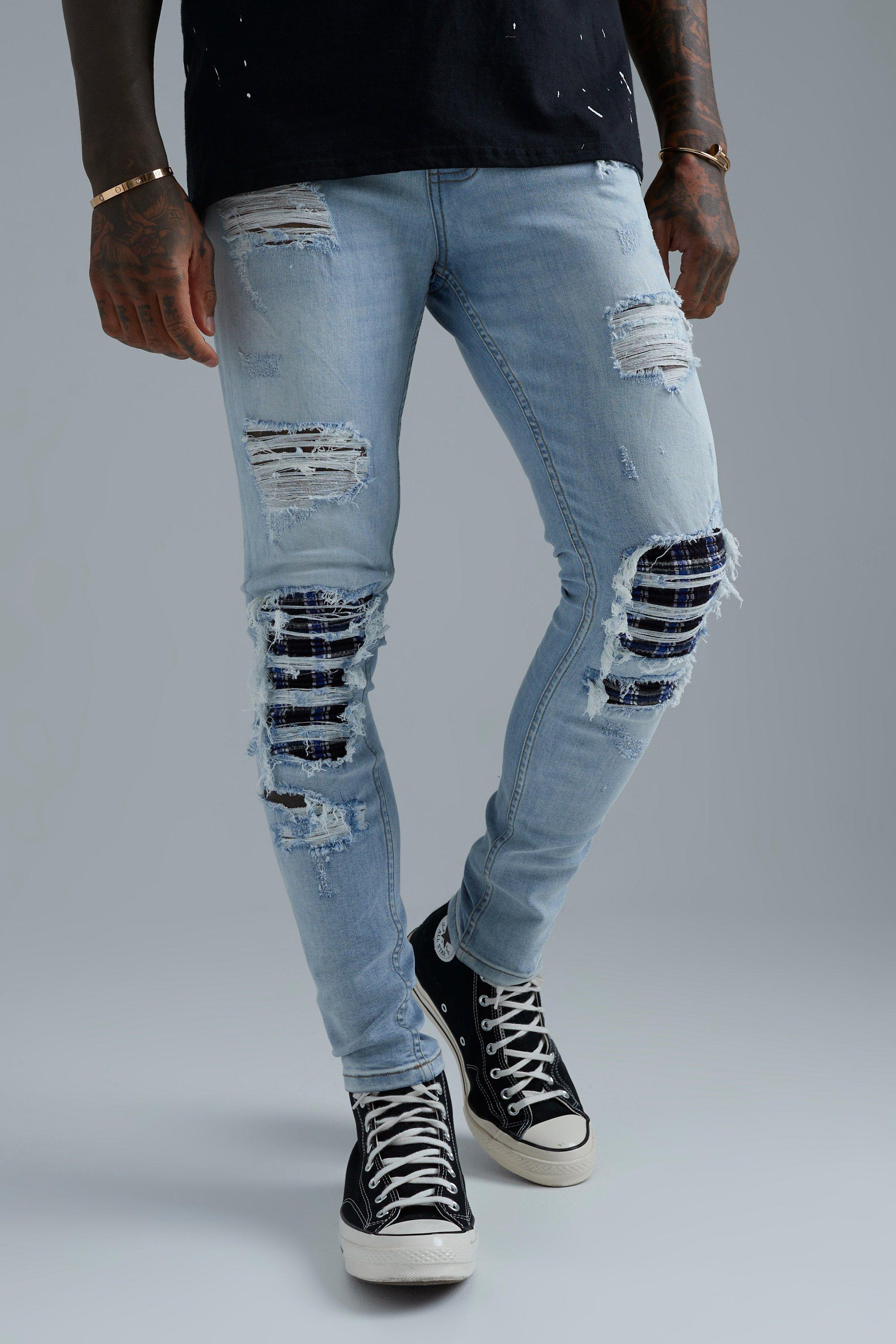 Men's Super Skinny Stretch Rip & Repair Check Jeans | Boohoo UK